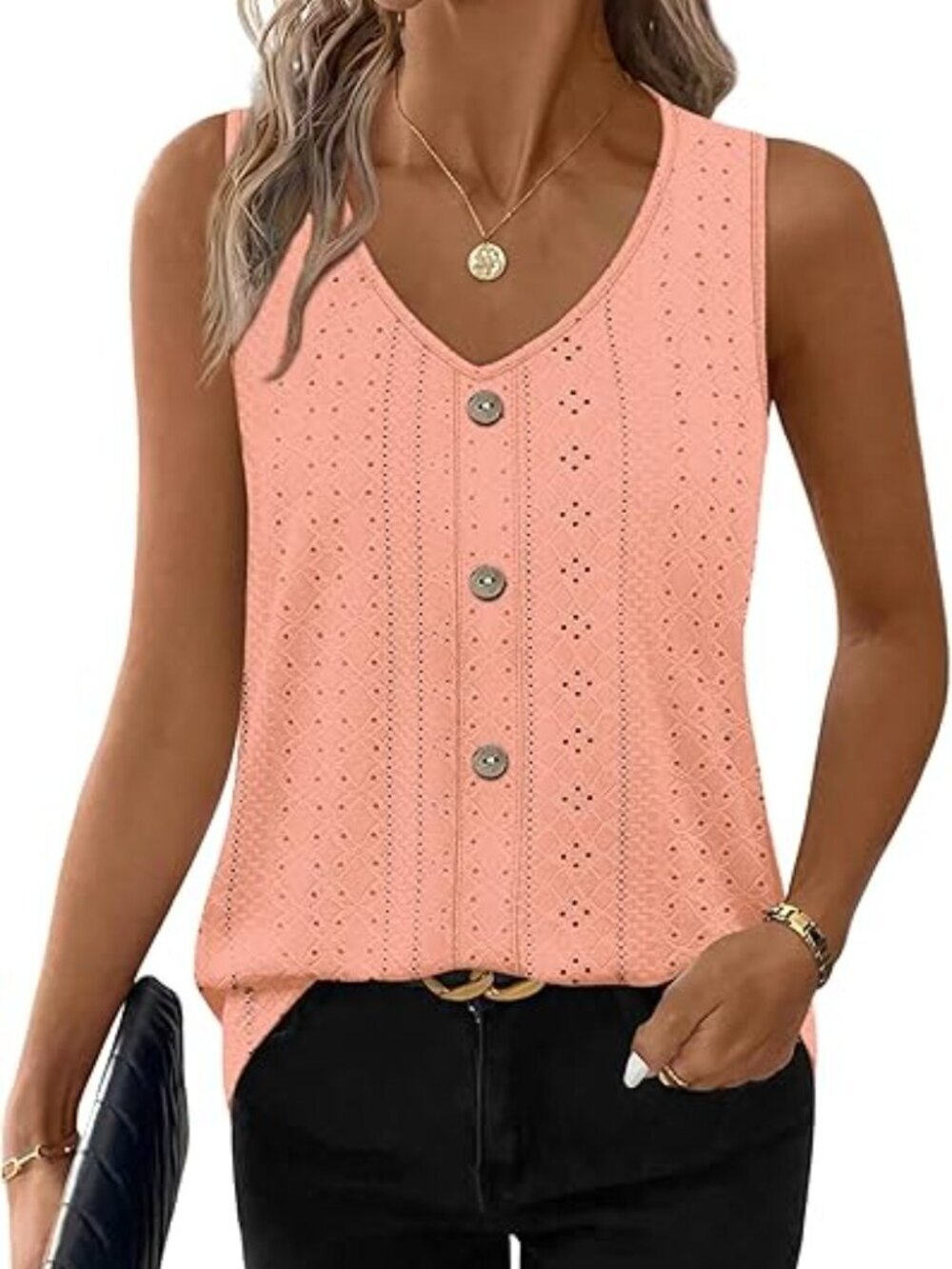 Women Coral Tank Tops Loose Casual Summer Eyelet V Neck Basic Sleeveless Shirts